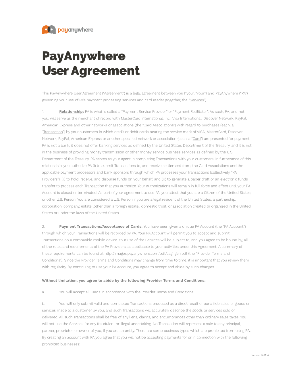 Payanywhere User Agreement