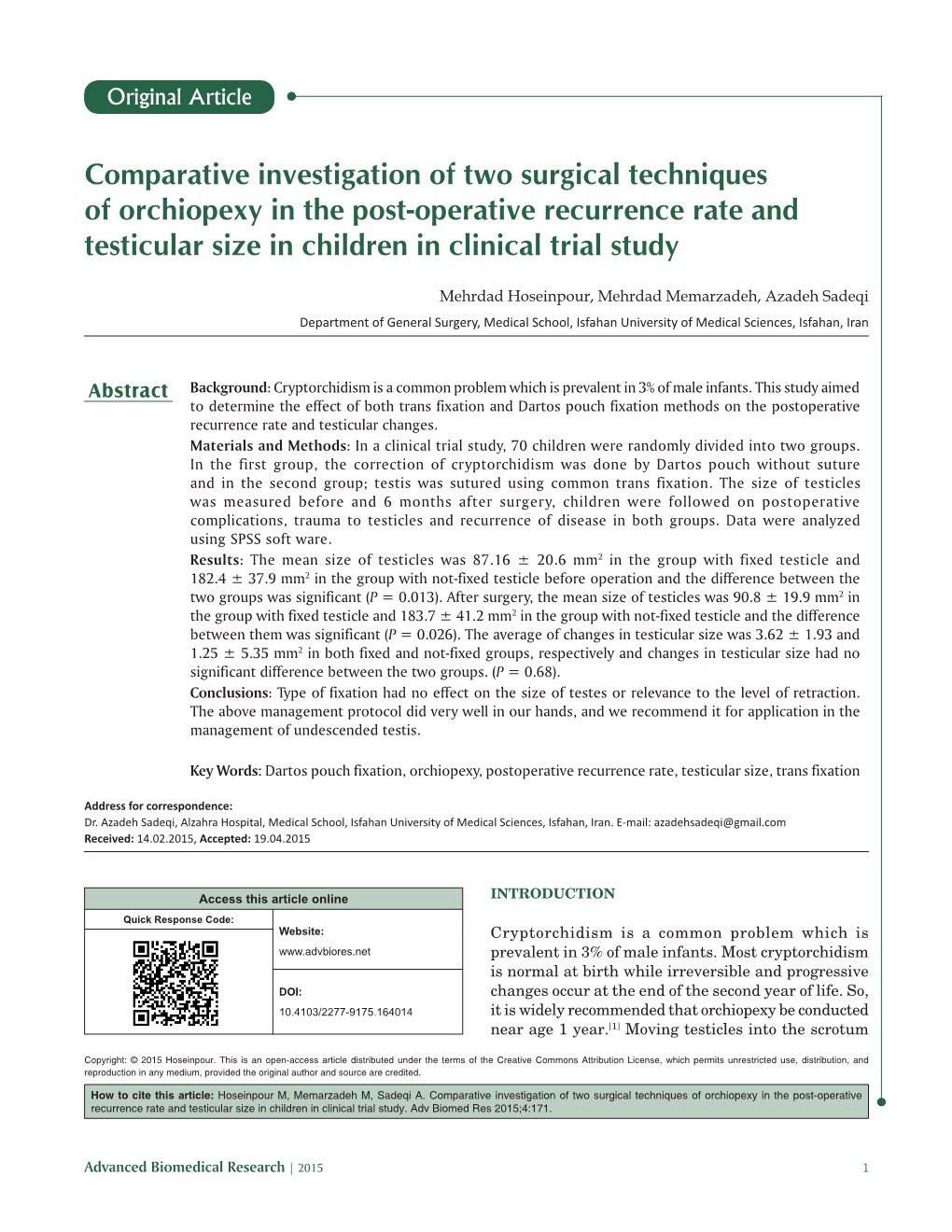 Comparative Investigation of Two Surgical Techniques of Orchiopexy in the Post‑Operative Recurrence Rate and Testicular Size in Children in Clinical Trial Study