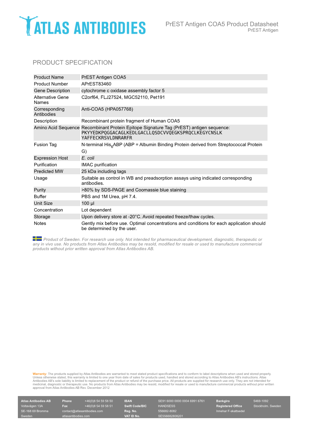 PRODUCT SPECIFICATION Prest Antigen COA5