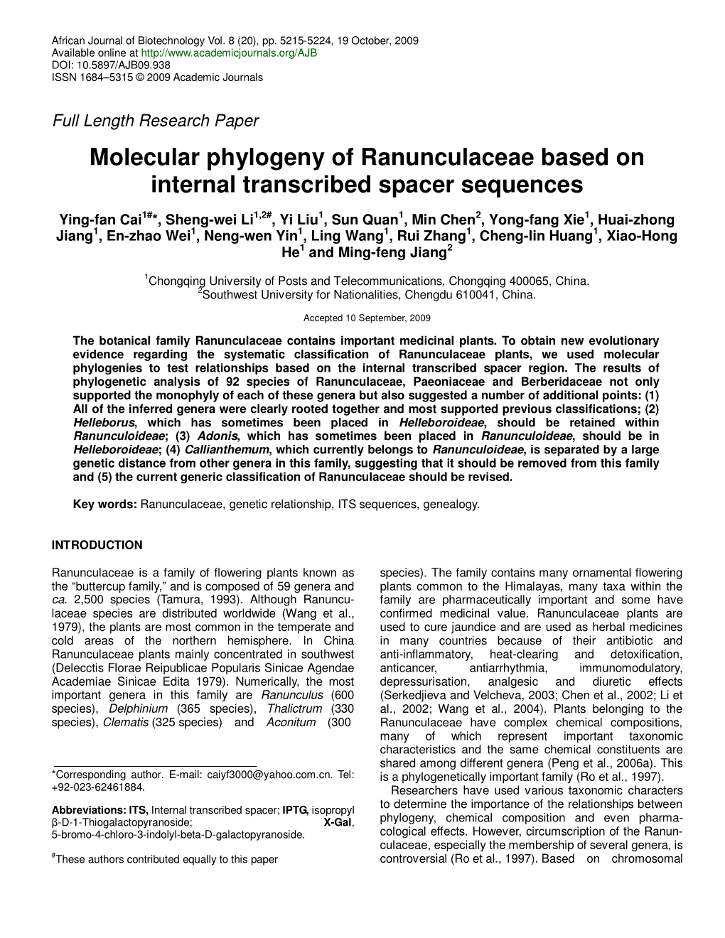 Molecular Phylogeny of Ranunculaceae Based on Internal Transcribed Spacer Sequences