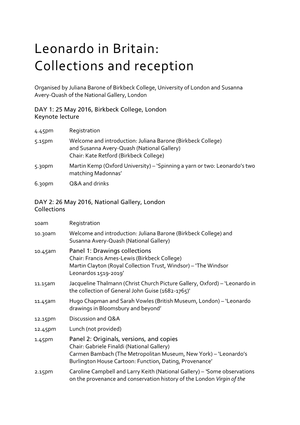 Conference Programme for 'Leonardo in Britain: Collections and Reception'