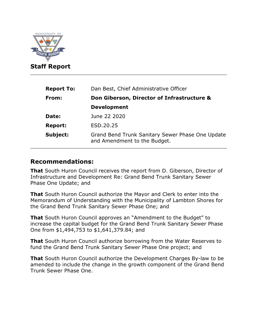 Grand Bend Trunk Sanitary Sewer Phase One Update and Amendment to the Budget
