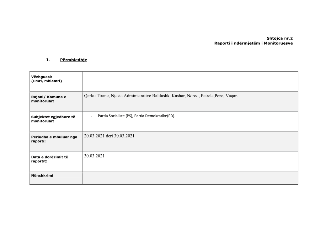 Qarku Tirane, Njesia Administrative Baldushk, Kashar, Ndroq, Petrele,Peze, Vaqar. 20.03.2021 Deri 30.03.2021 30.03.2021