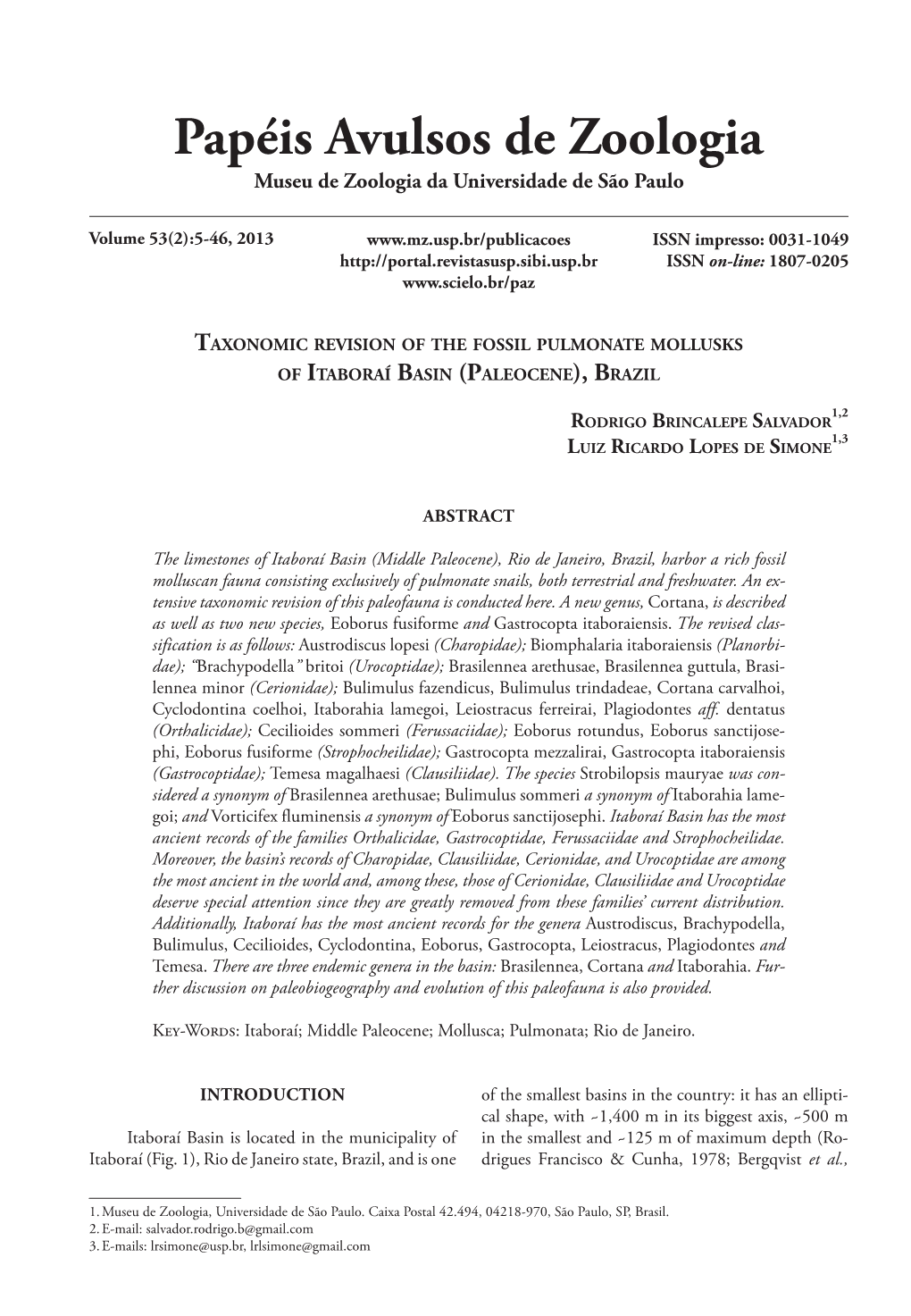 Taxonomic Revision of the Fossil Pulmonate Mollusks of Itaboraí Basin (Paleocene), Brazil