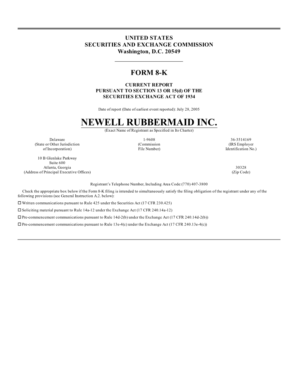 NEWELL RUBBERMAID INC. (Exact Name of Registrant As Specified in Its Charter)