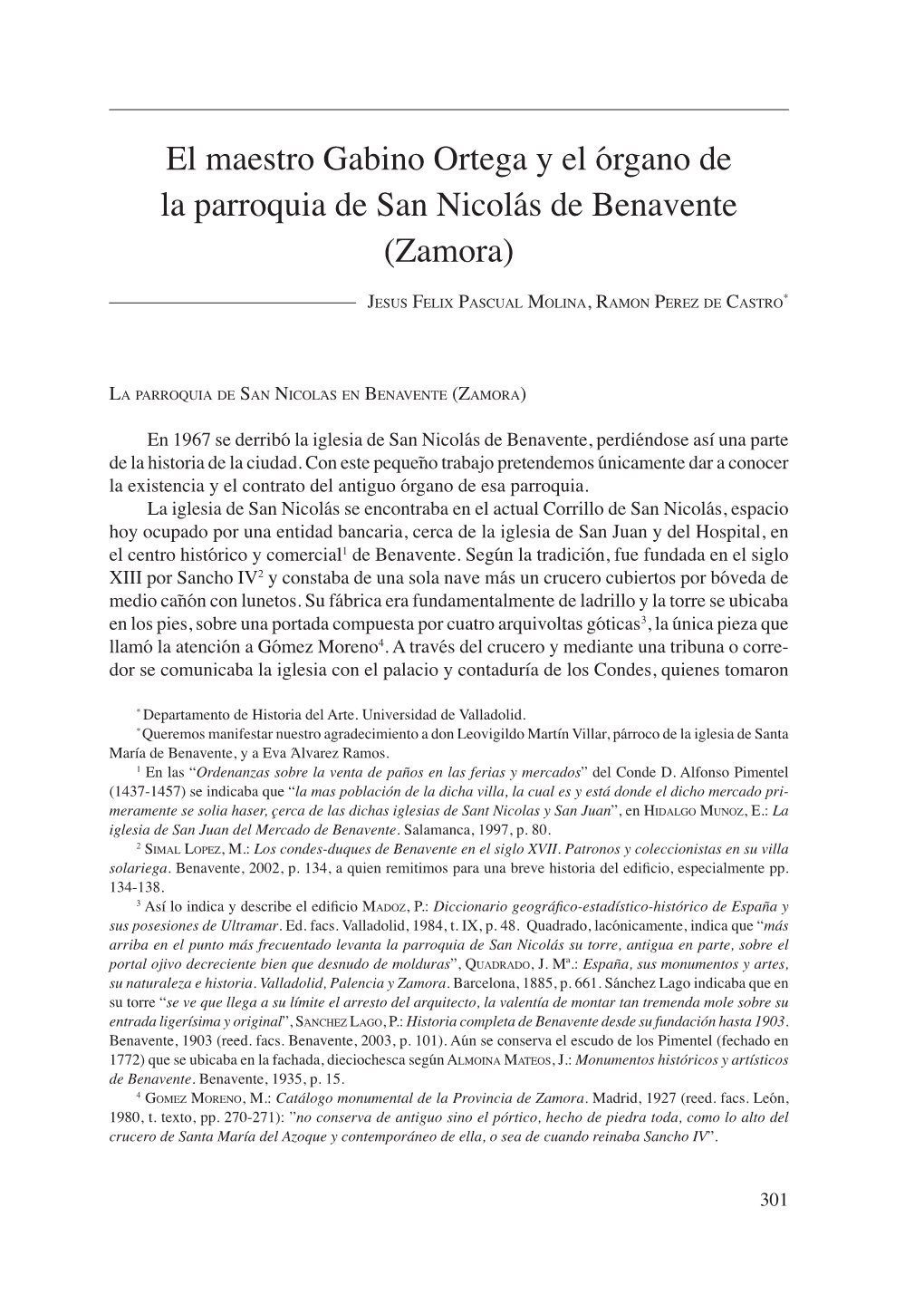 El Maestro Gabino Ortega Y El Órgano De La Parroquia De San Nicolás De Benavente (Zamora)