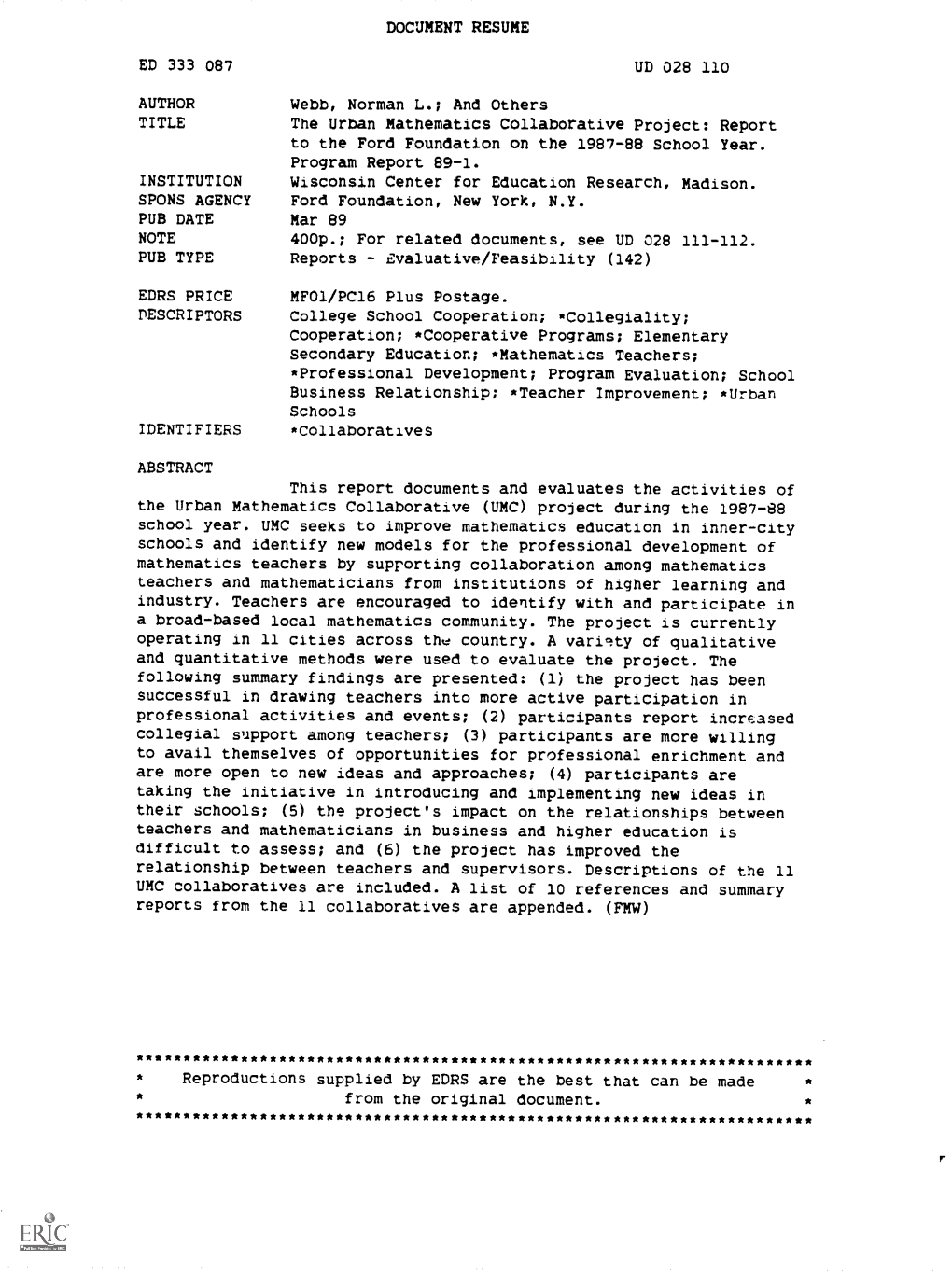 The Urban Mathematics Collaborative Project: Report to the Ford Foundation on the 1987-88 School Year