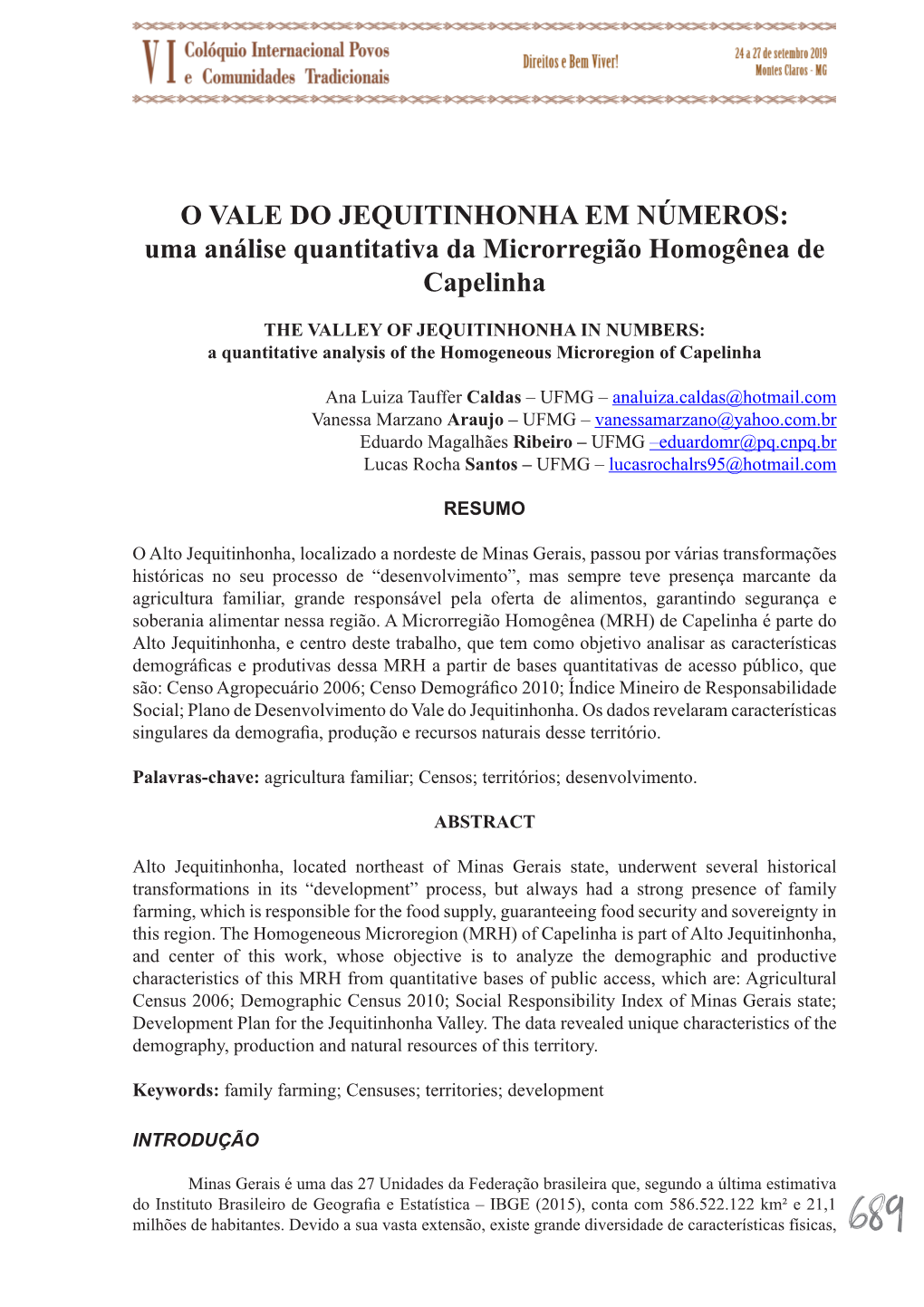 O VALE DO JEQUITINHONHA EM NÚMEROS: Uma Análise Quantitativa Da Microrregião Homogênea De Capelinha