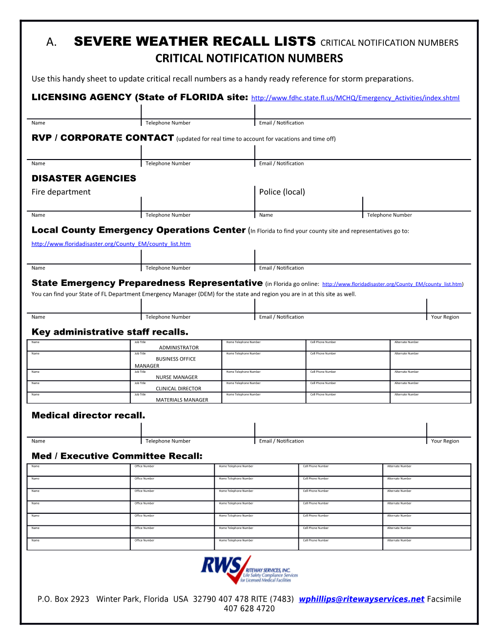 A. Severe Weather Recall Lists Critical Notification Numbers