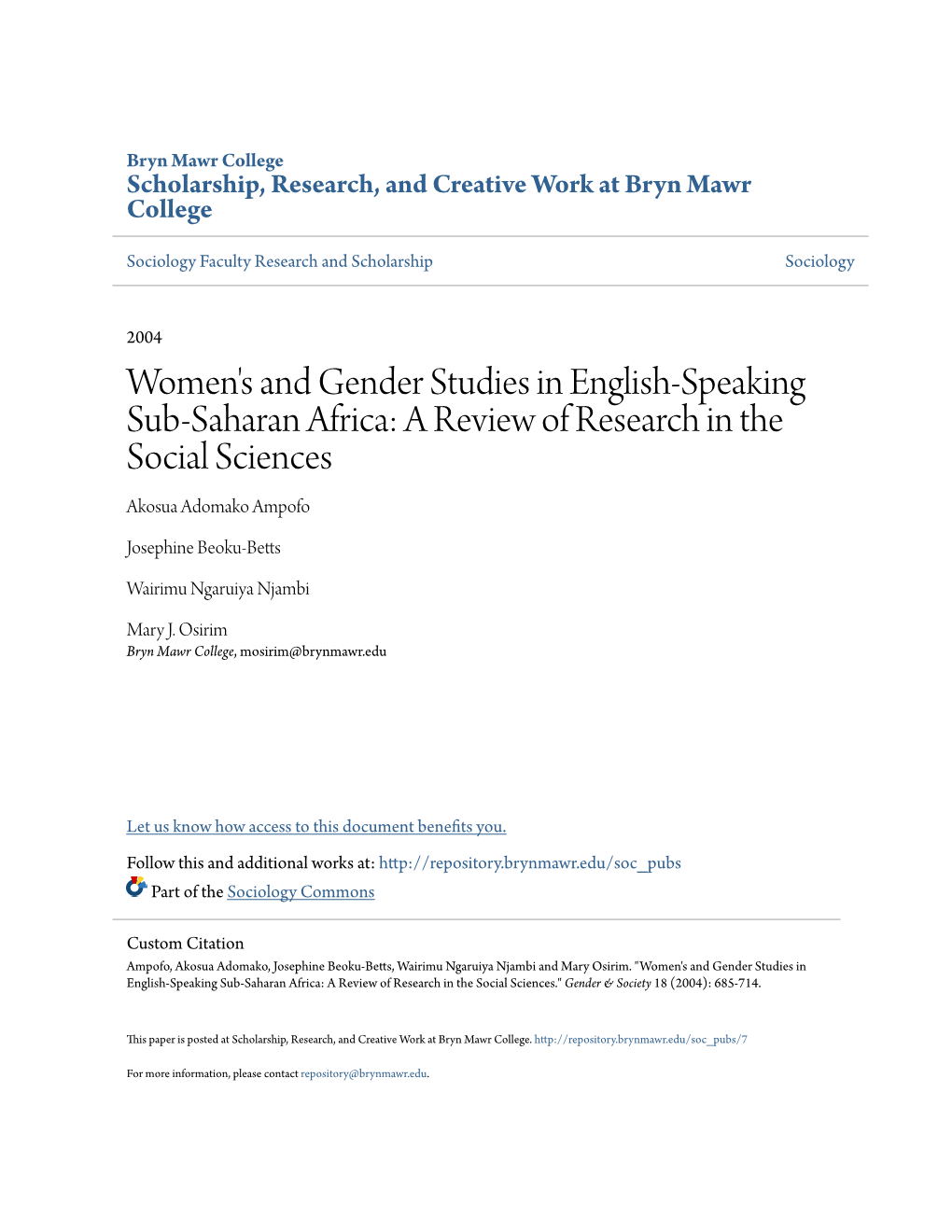 Women's and Gender Studies in English-Speaking Sub-Saharan Africa: a Review of Research in the Social Sciences Akosua Adomako Ampofo