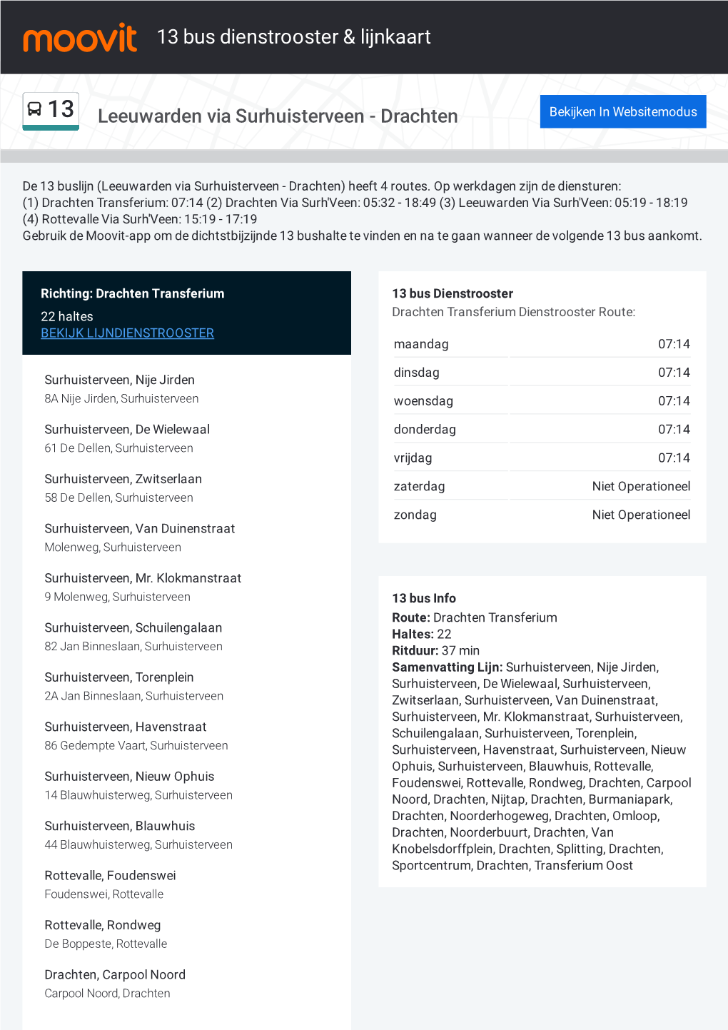 13 Bus Dienstrooster & Lijnroutekaart