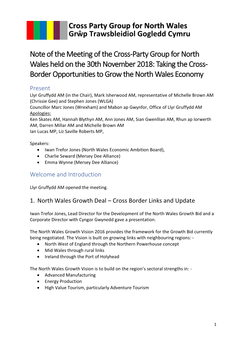 Note of the Meeting of the Cross-Party Group for North Wales Held on The