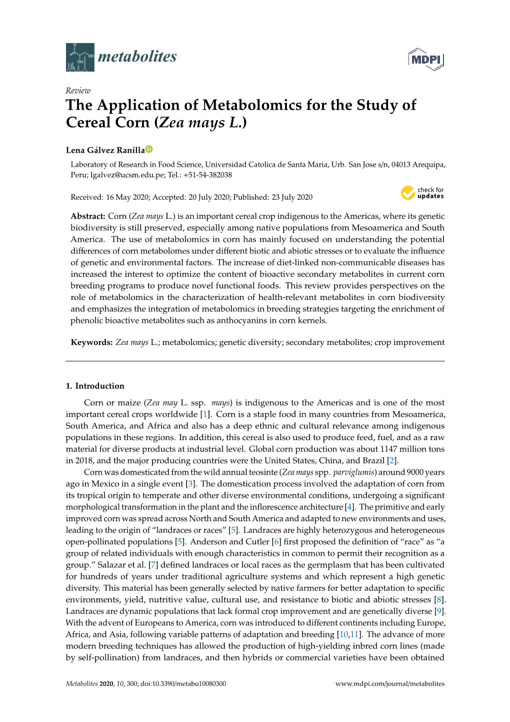 The Application of Metabolomics for the Study of Cereal Corn (Zea Mays L.)