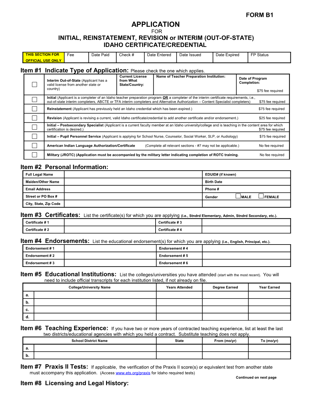 Idaho Application For An Idaho Initial Reinstatement Interim Professional Education Credential