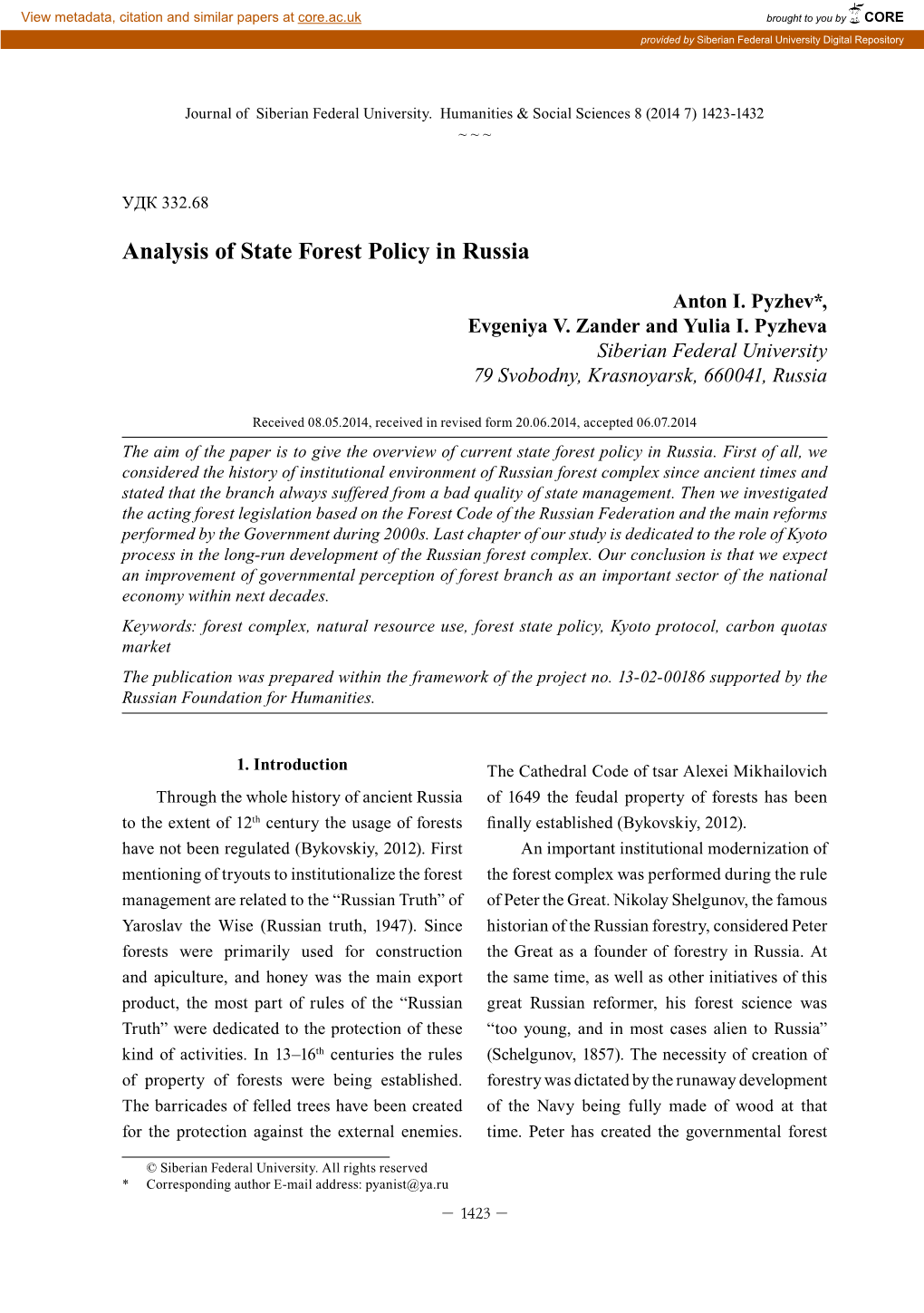 Analysis of State Forest Policy in Russia