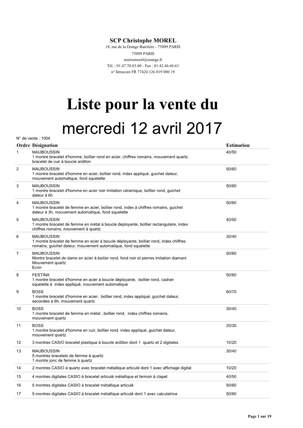 Liste Pour La Vente Du Mercredi 12 Avril 2017