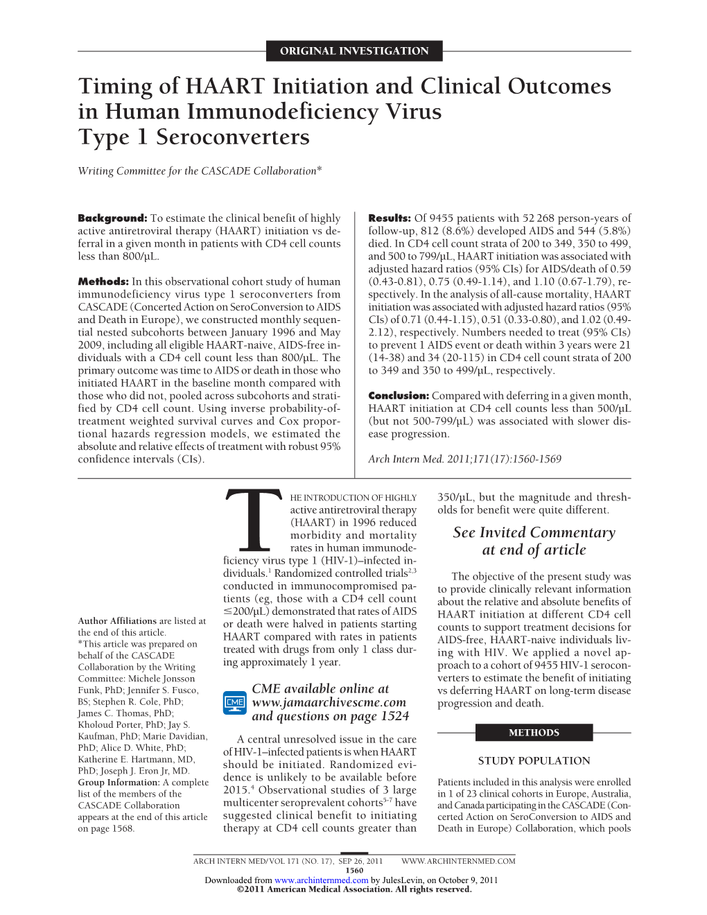 Timing of HAART Initiation and Clinical Outcomes in Human Immunodeficiency Virus Type 1 Seroconverters