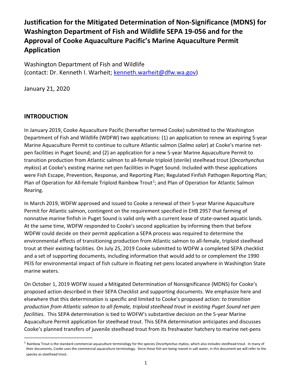 (MDNS) for Washington Department of Fish and Wildlife SEPA 19-056 and for the Approval of Cooke Aquaculture Pacific’S Marine Aquaculture Permit Application