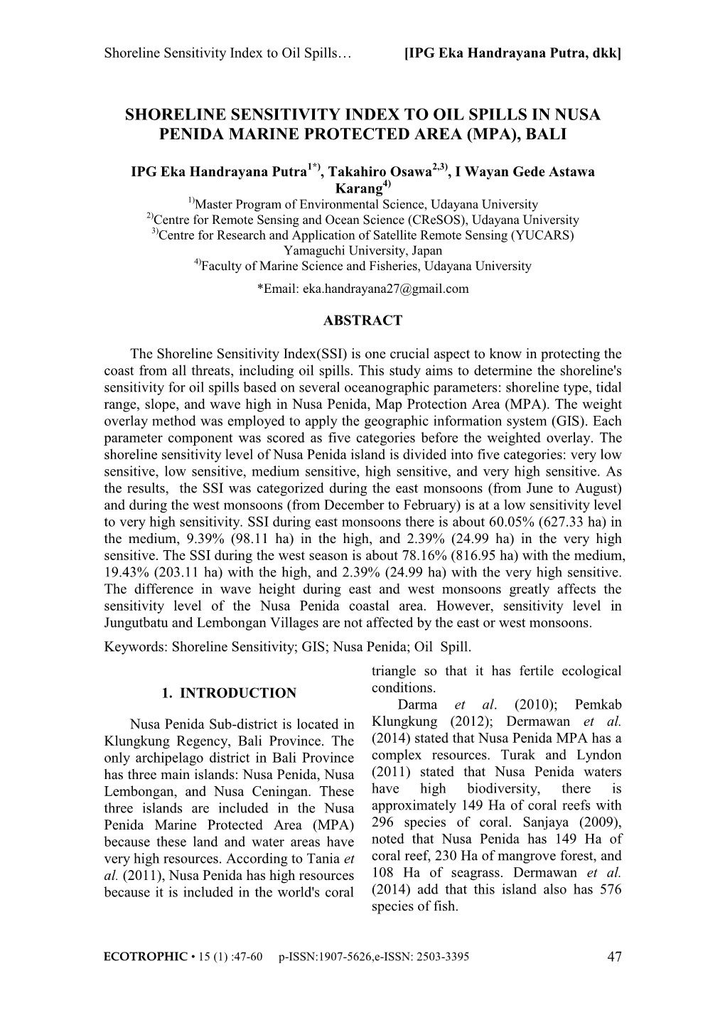 Shoreline Sensitivity Index to Oil Spills in Nusa Penida Marine Protected Area (Mpa), Bali