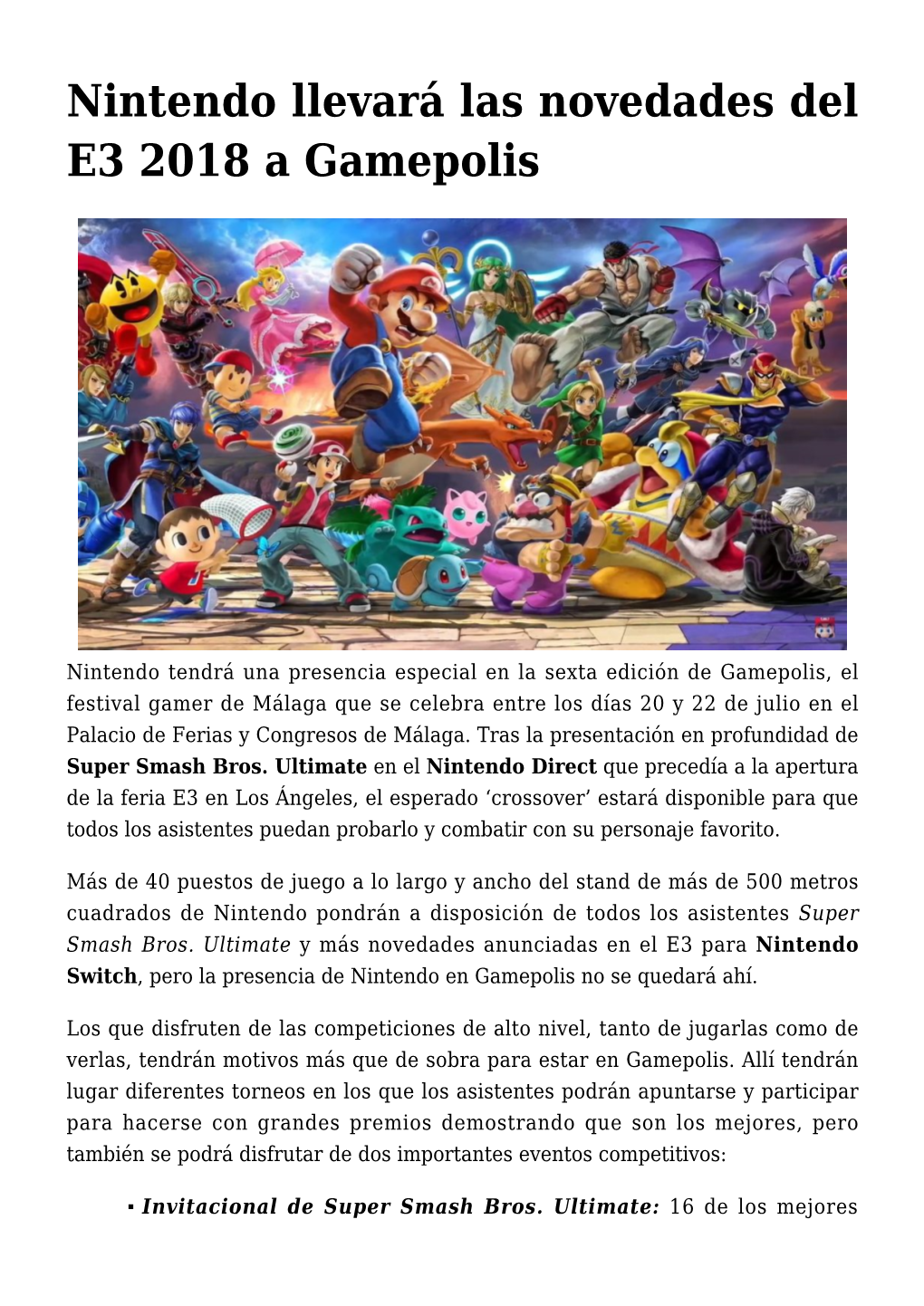 Nintendo Llevará Las Novedades Del E3 2018 a Gamepolis