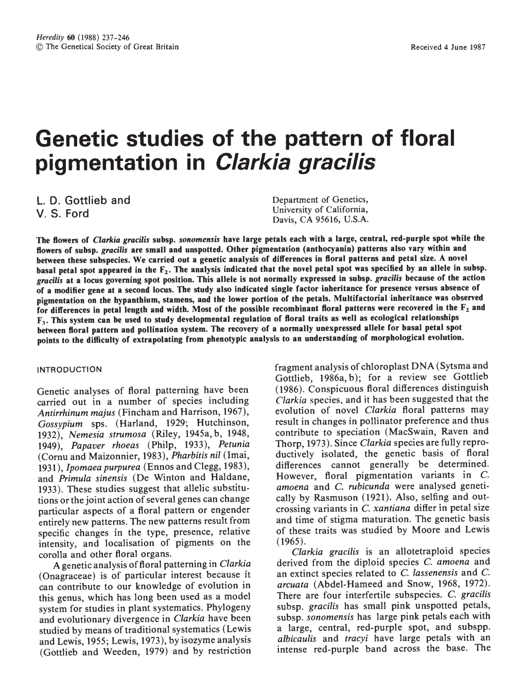 Genetic Studies of the Pattern of Floral Pigmentation in Clarkia Gracilis