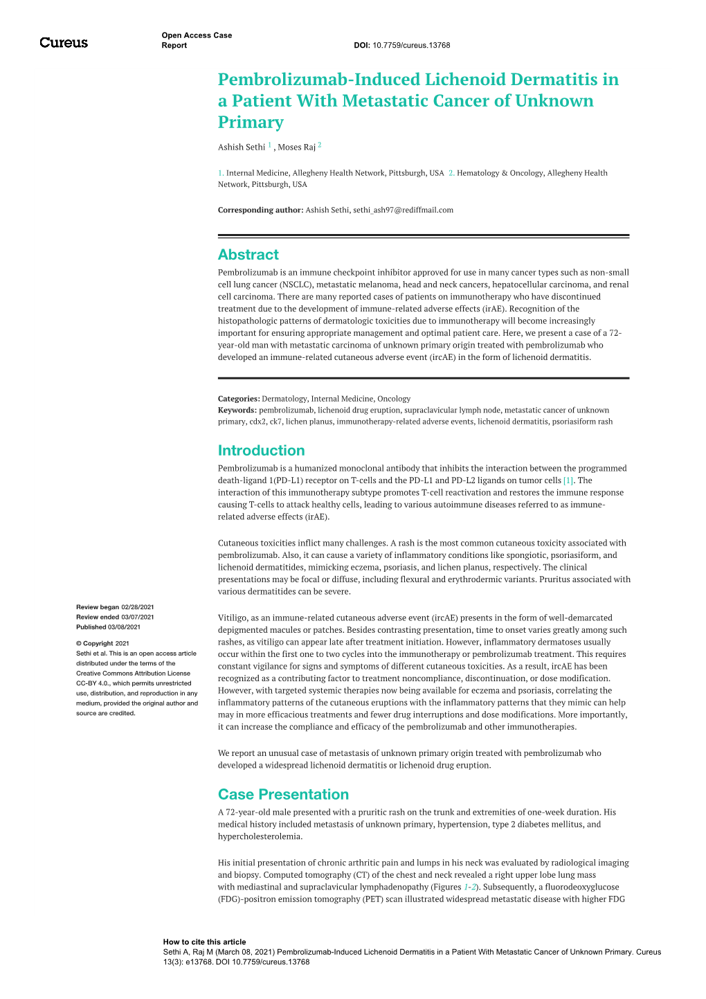 Pembrolizumab-Induced Lichenoid Dermatitis in a Patient with Metastatic Cancer of Unknown Primary