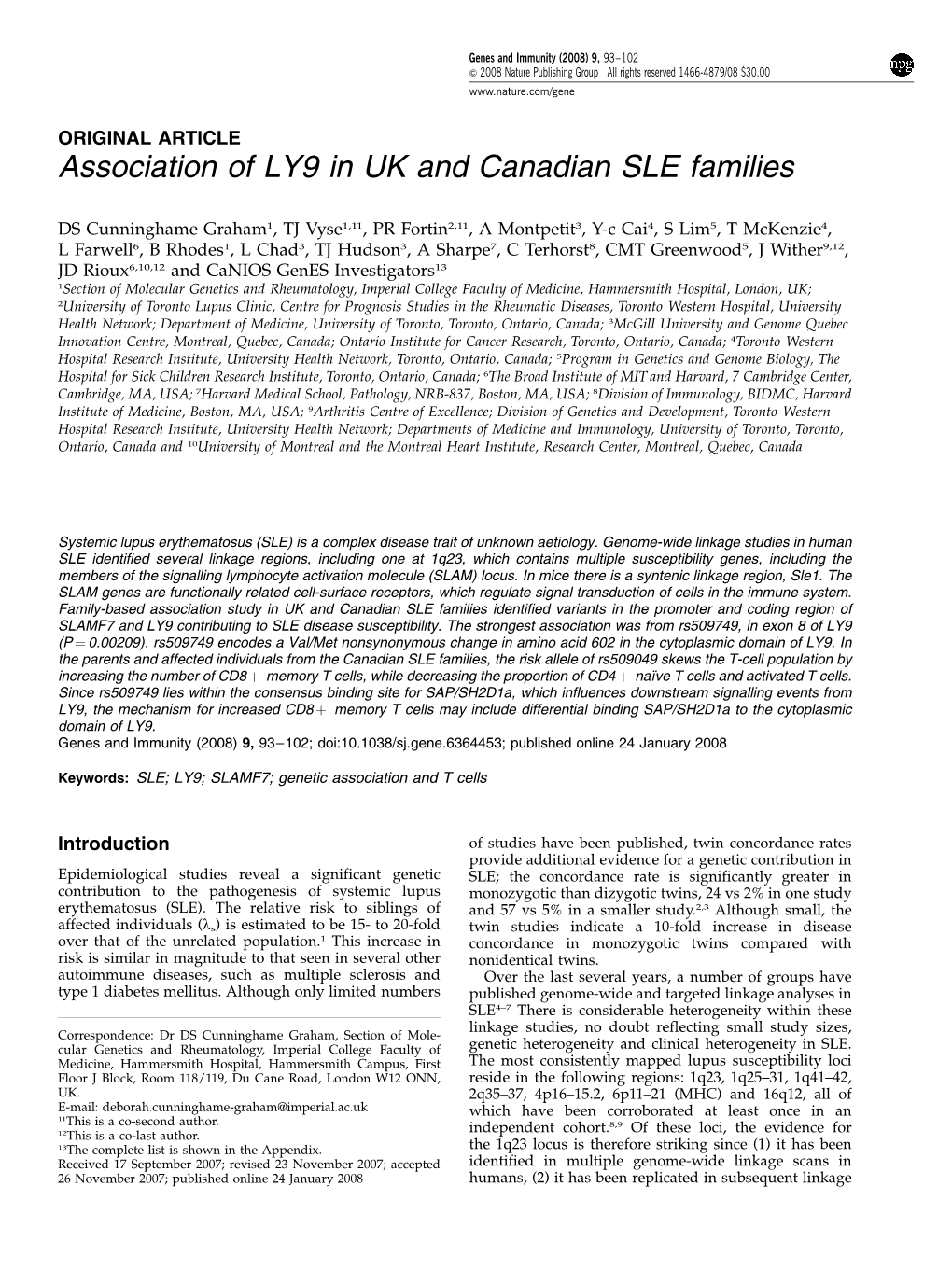 Association of LY9 in UK and Canadian SLE Families