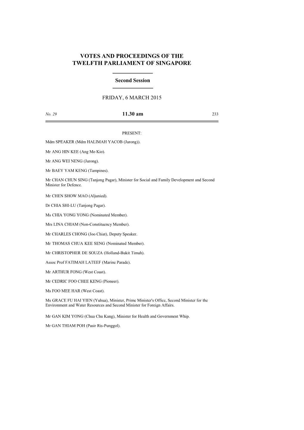 Votes and Proceedings of the Twelfth Parliament of Singapore