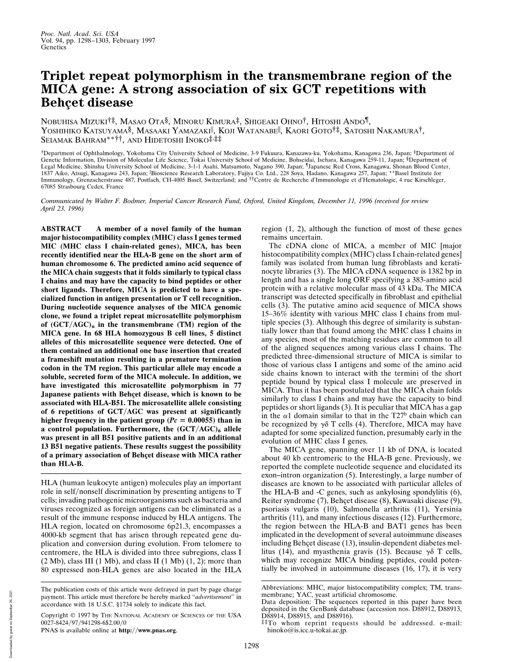 Triplet Repeat Polymorphism in the Transmembrane Region of the MICA Gene: a Strong Association of Six GCT Repetitions with Behc¸Et Disease