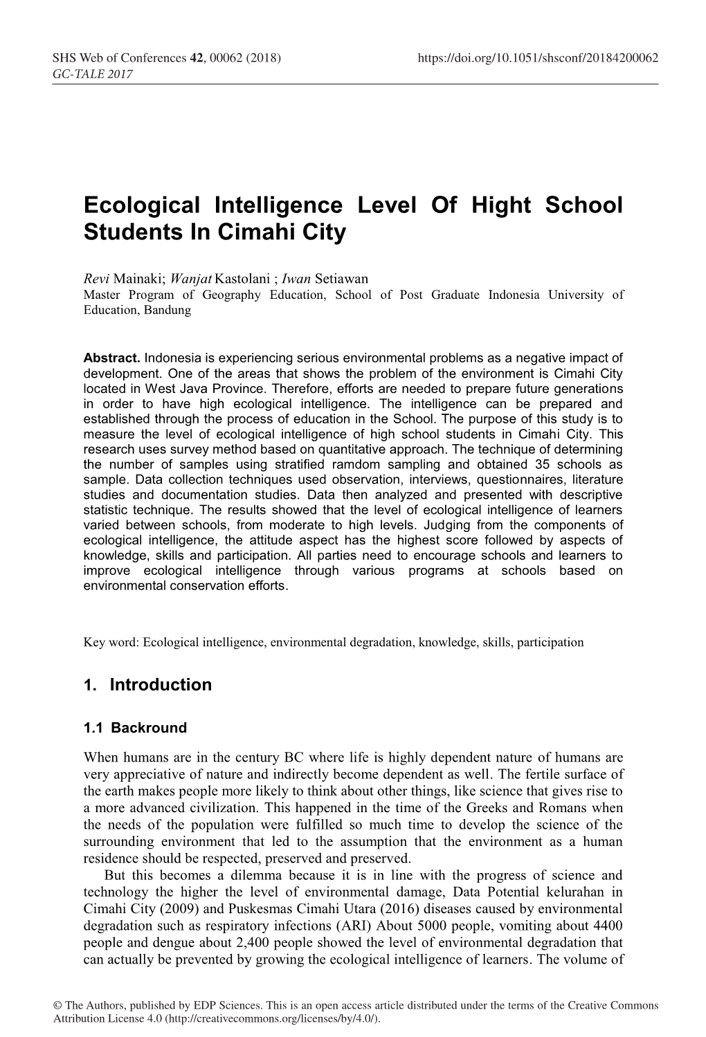 Ecological Intelligence Level of Hight School Students in Cimahi City