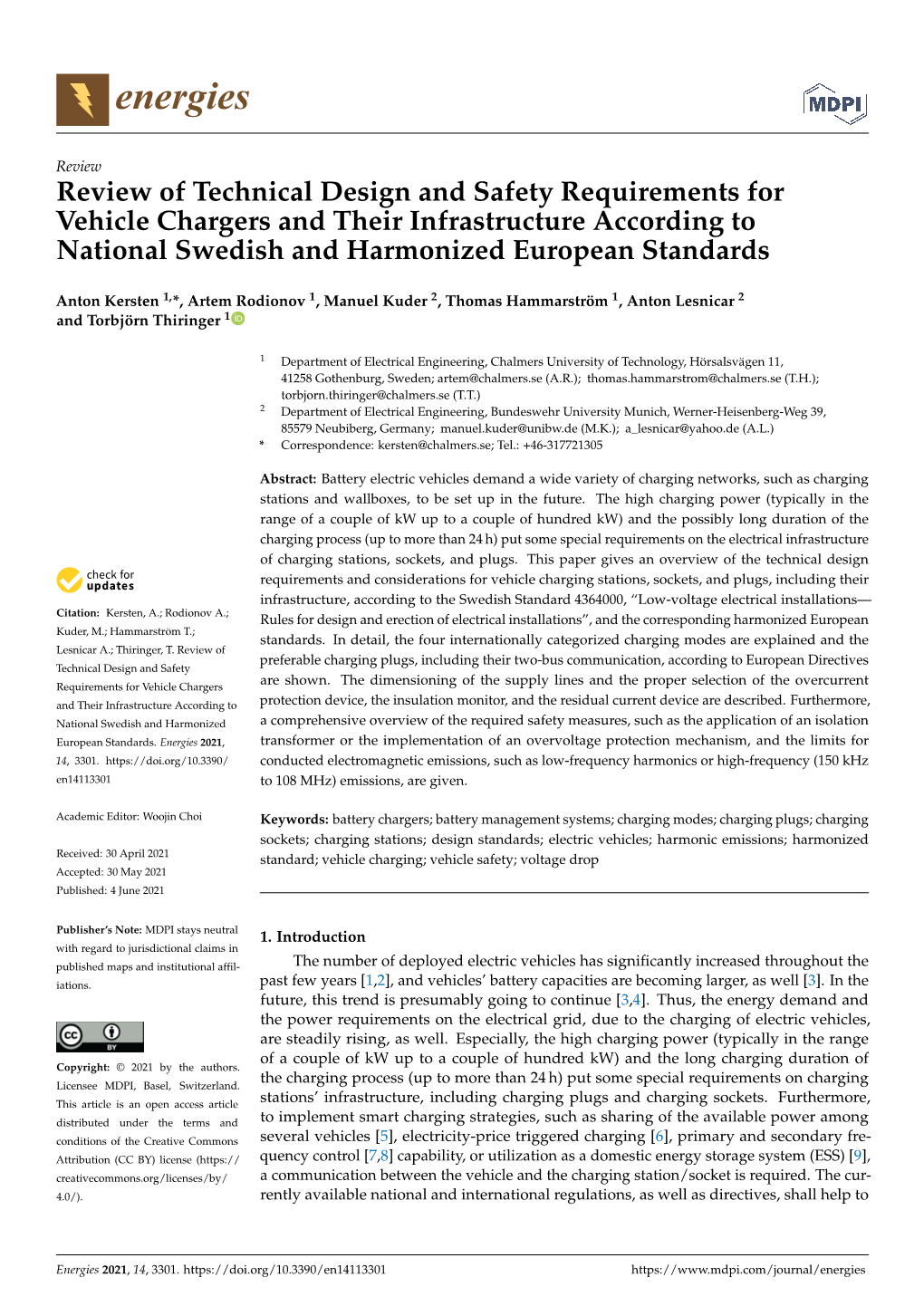Review of Technical Design and Safety Requirements for Vehicle Chargers and Their Infrastructure According to National Swedish and Harmonized European Standards