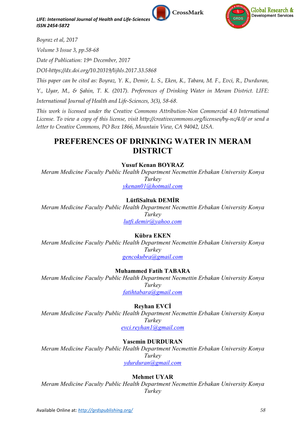 Preferences of Drinking Water in Meram District