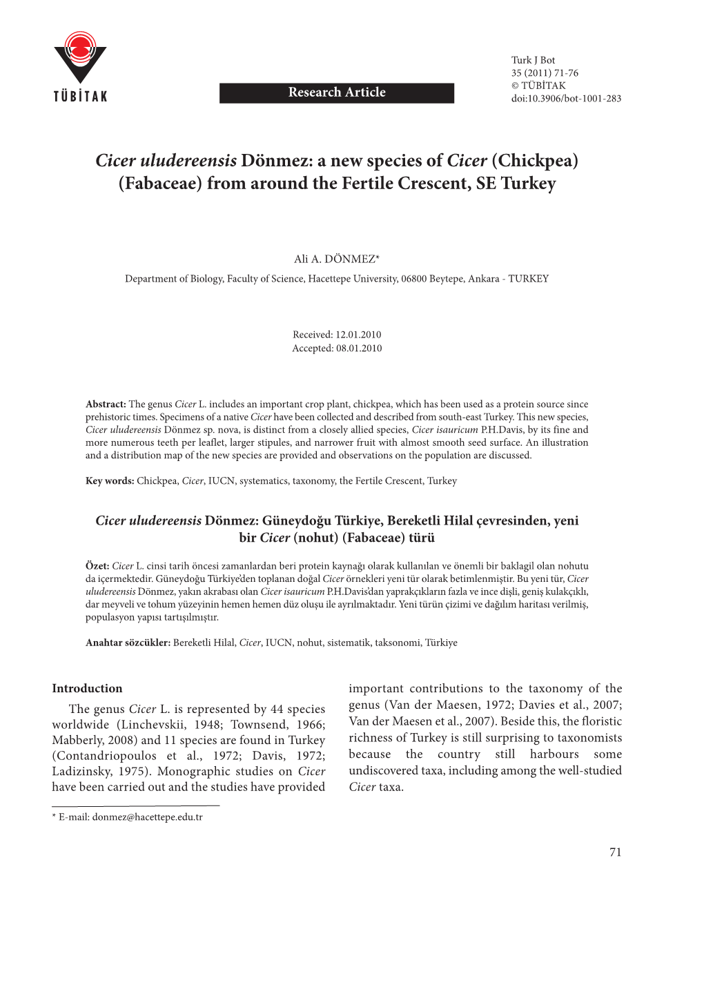 Cicer Uludereensis Dönmez: a New Species of Cicer (Chickpea) (Fabaceae) from Around the Fertile Crescent, SE Turkey