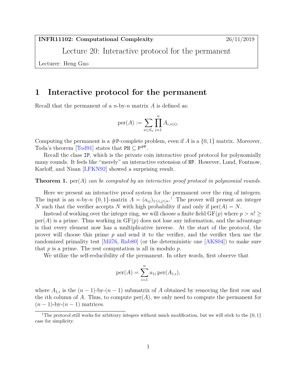 Lecture 20: Interactive Protocol for the Permanent Lecturer: Heng Guo