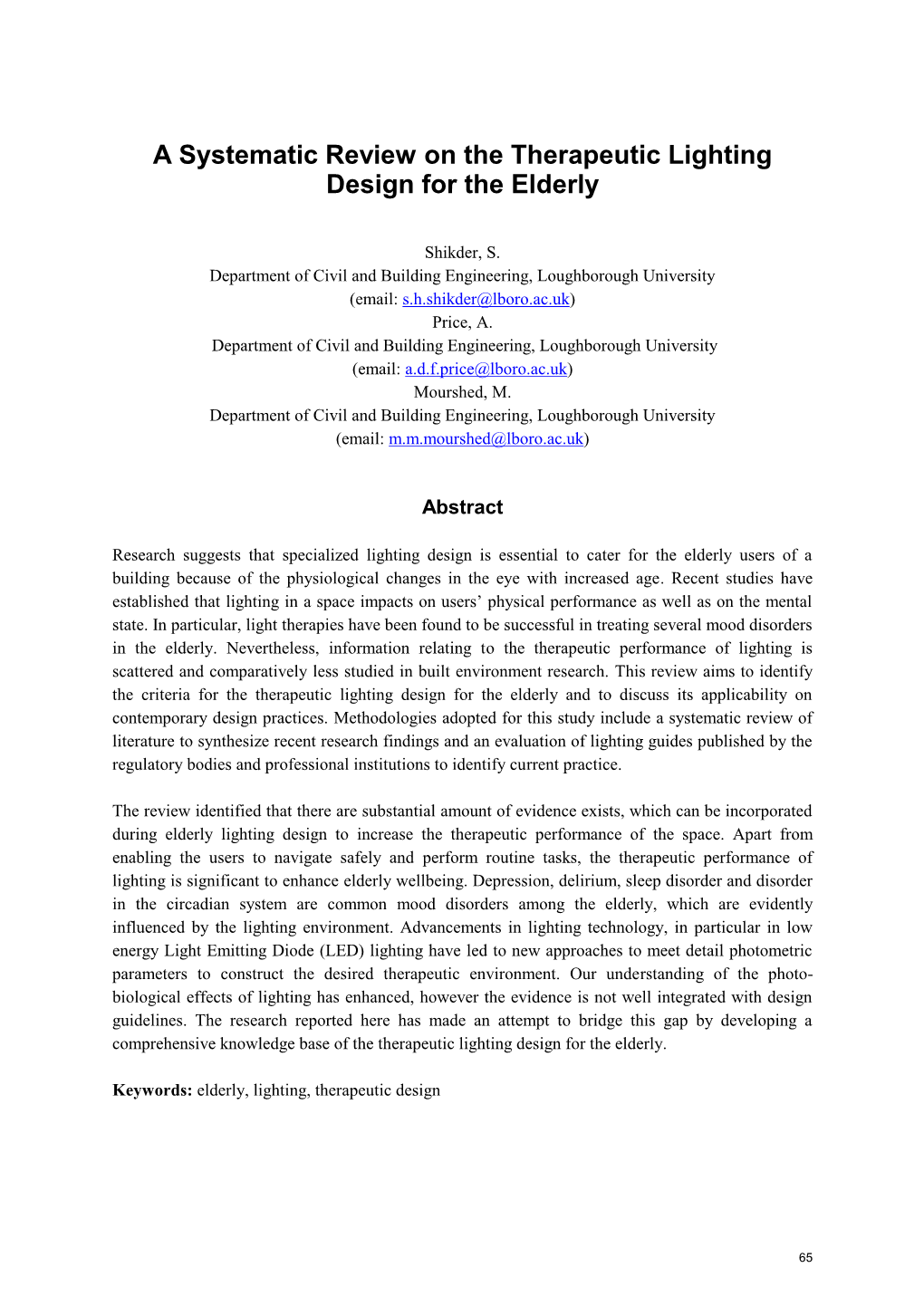 A Systematic Review on the Therapeutic Lighting Design for the Elderly