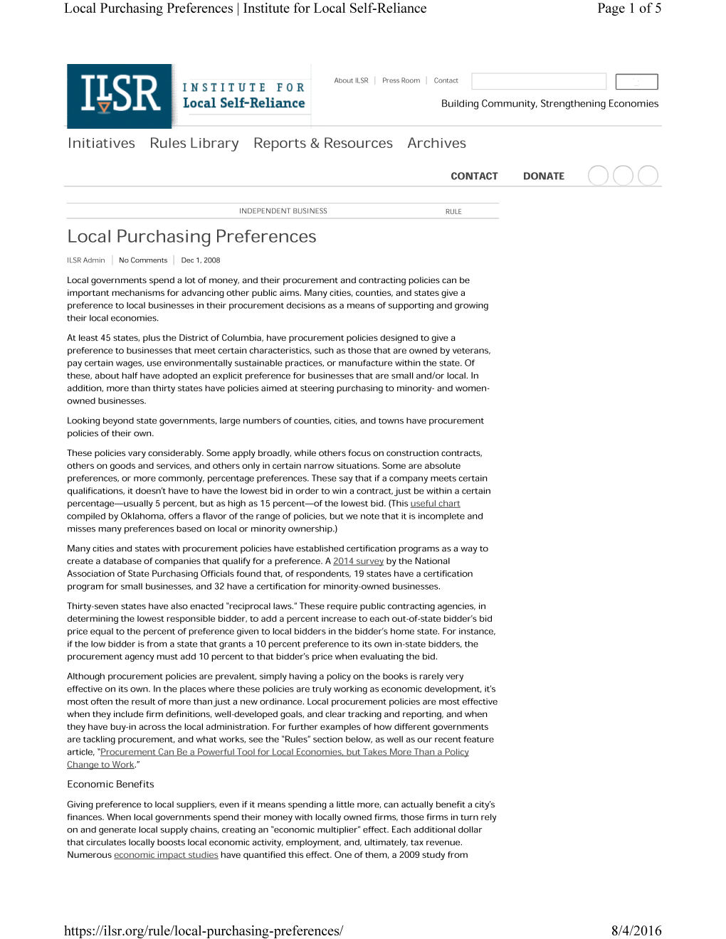 Local Purchasing Preferences | Institute for Local Self-Reliance Page 1 of 5