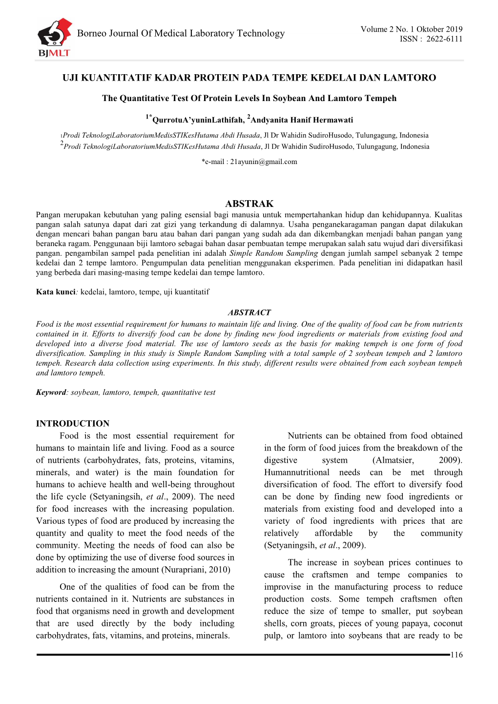 Borneo Journal of Medical Laboratory Technology UJI KUANTITATIF