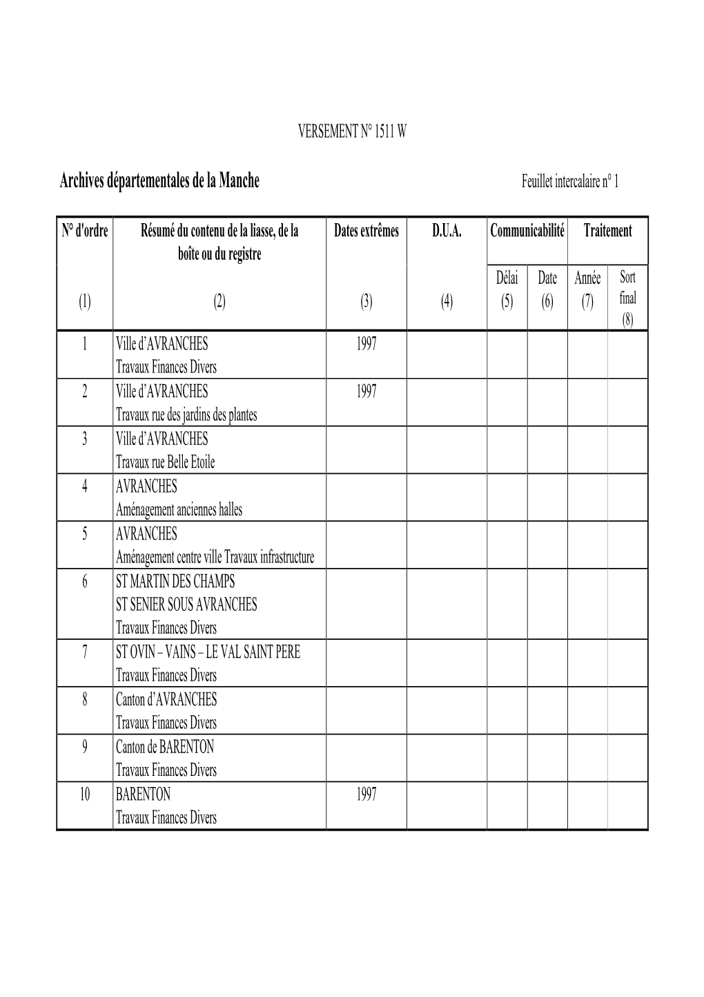 Archives Départementales De La Manche Feuillet Intercalaire N° 1