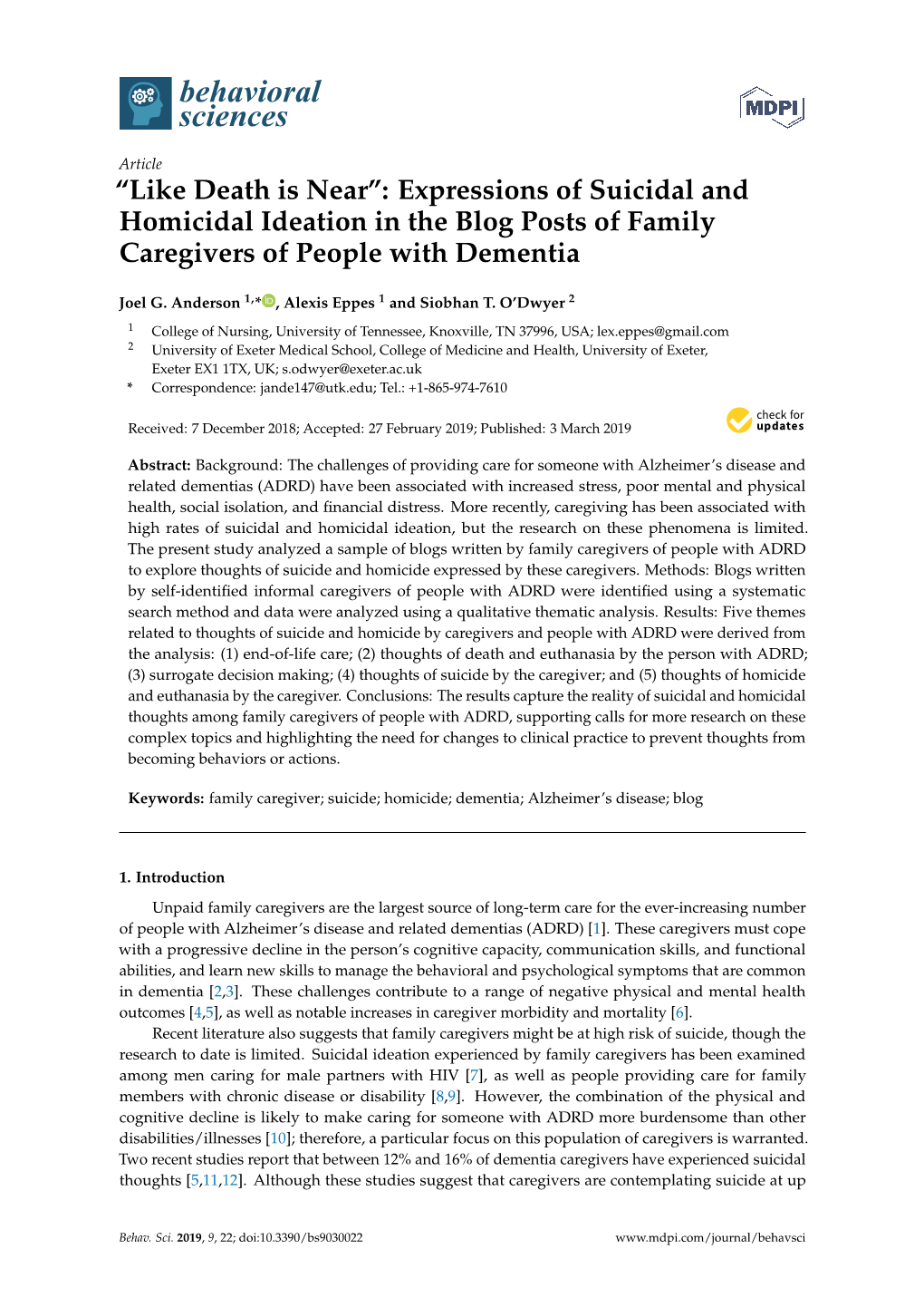 “Like Death Is Near”: Expressions of Suicidal and Homicidal Ideation in the Blog Posts of Family Caregivers of People with Dementia