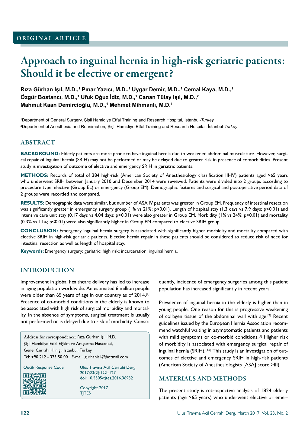 Approach to Inguinal Hernia in High-Risk Geriatric Patients: Should It Be Elective Or Emergent?