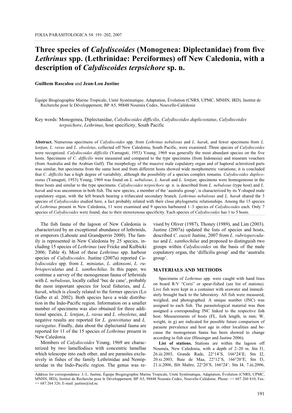 Three Species of Calydiscoides (Monogenea: Diplectanidae) from Five Lethrinus Spp