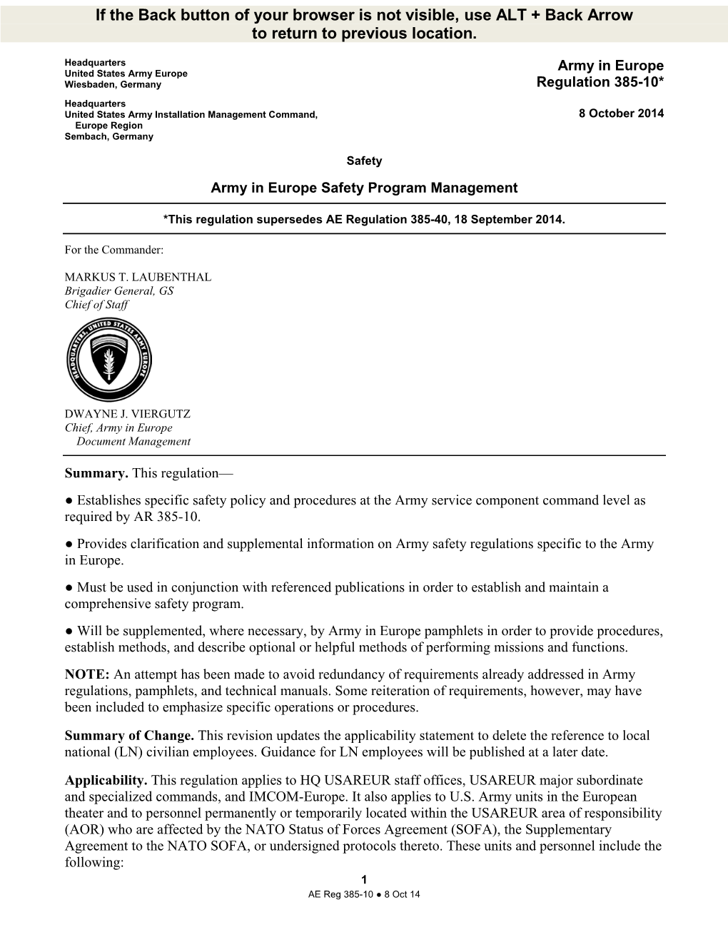 Army in Europe Regulation 385-10, 8 October 2014