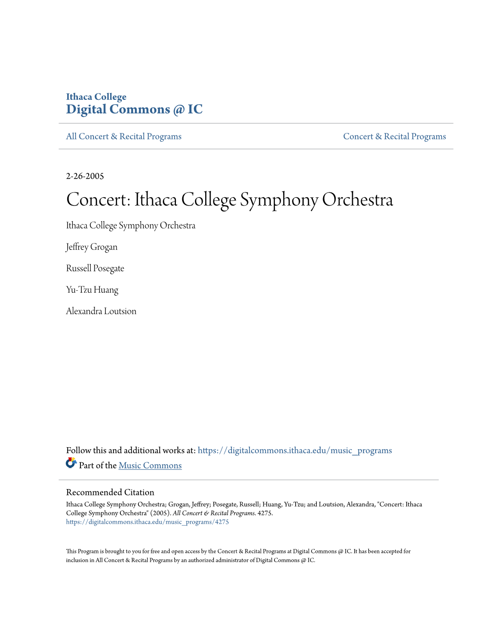 Concert: Ithaca College Symphony Orchestra Ithaca College Symphony Orchestra