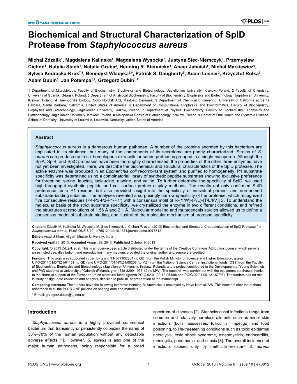 Biochemical and Structural Characterization of Spld Protease from Staphylococcus Aureus