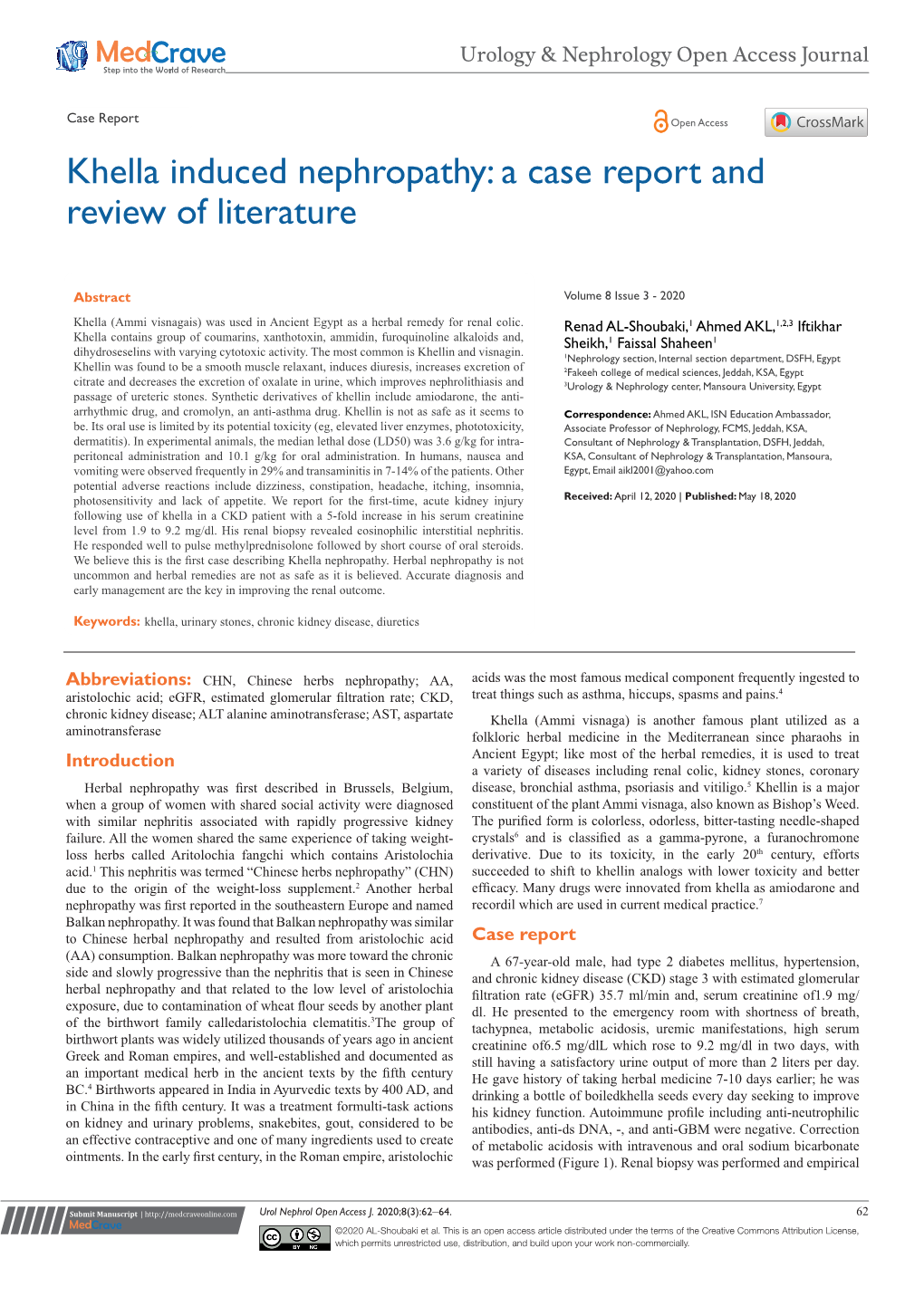 Khella Induced Nephropathy: a Case Report and Review of Literature