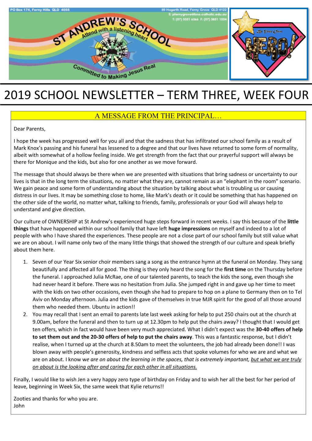 2019 School Newsletter – Term Three, Week Four