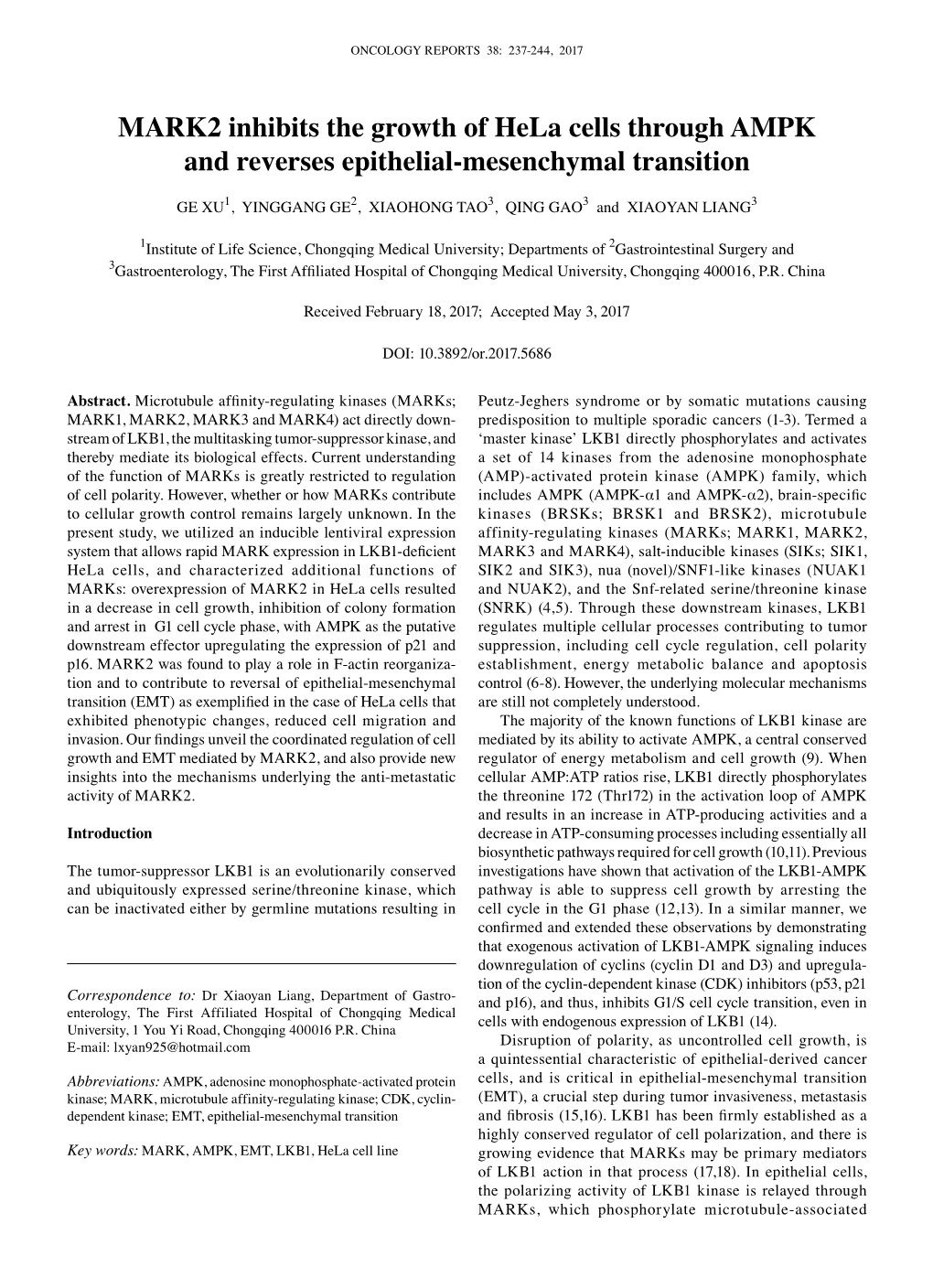 MARK2 Inhibits the Growth of Hela Cells Through AMPK and Reverses Epithelial-Mesenchymal Transition