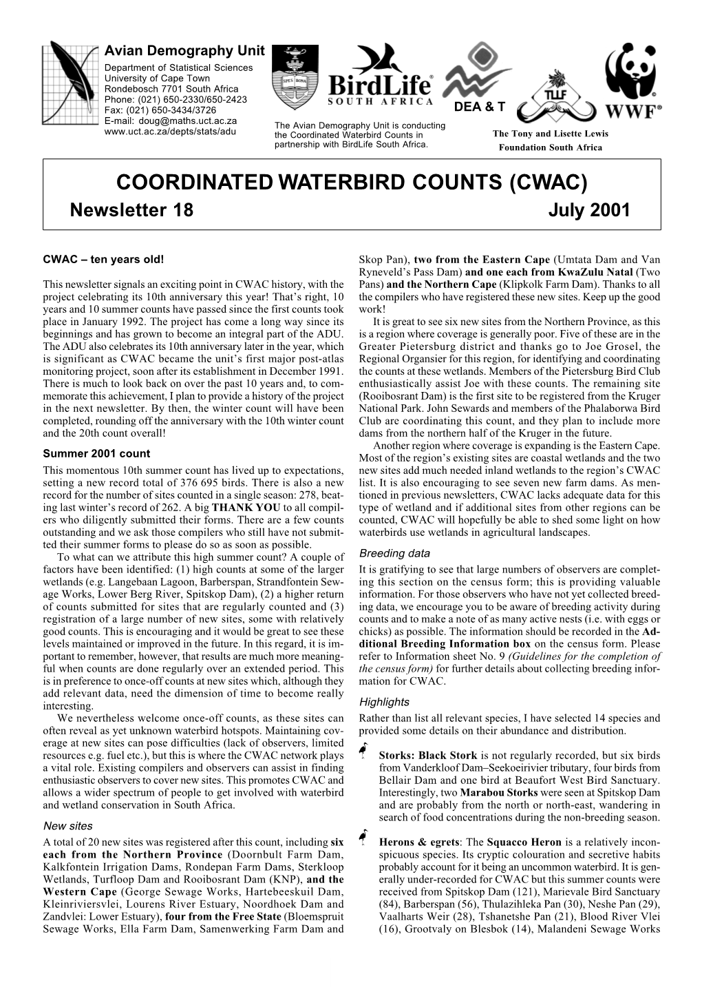 CWAC) Newsletter 18 July 2001