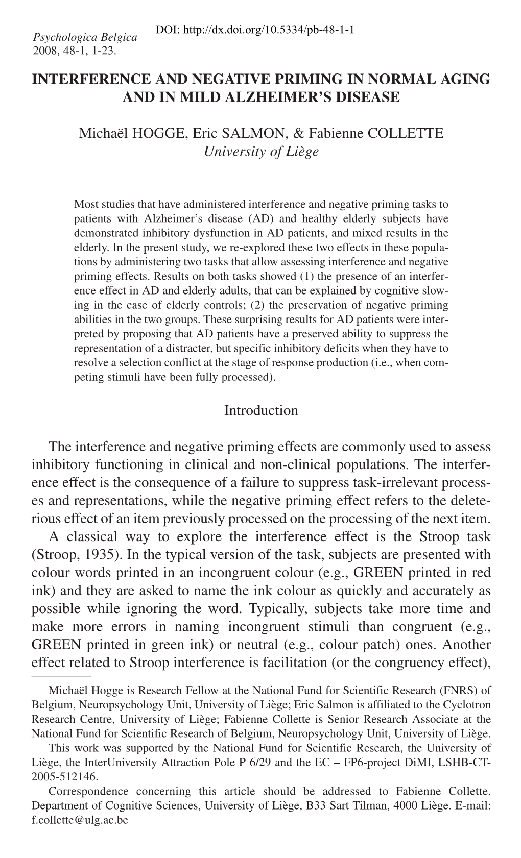 Interference and Negative Priming in Normal Aging and in Mild Alzheimer’S Disease