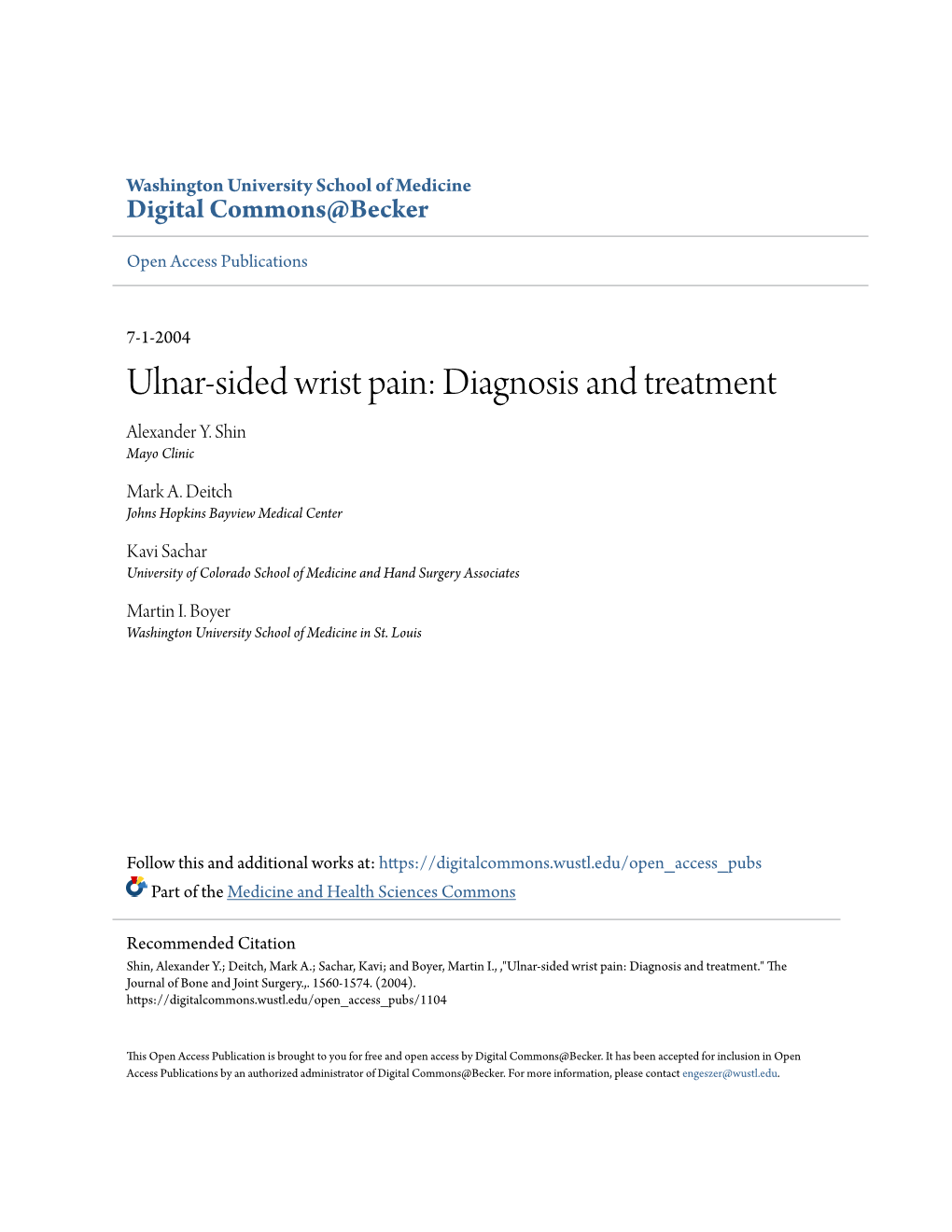 Ulnar-Sided Wrist Pain: Diagnosis and Treatment Alexander Y